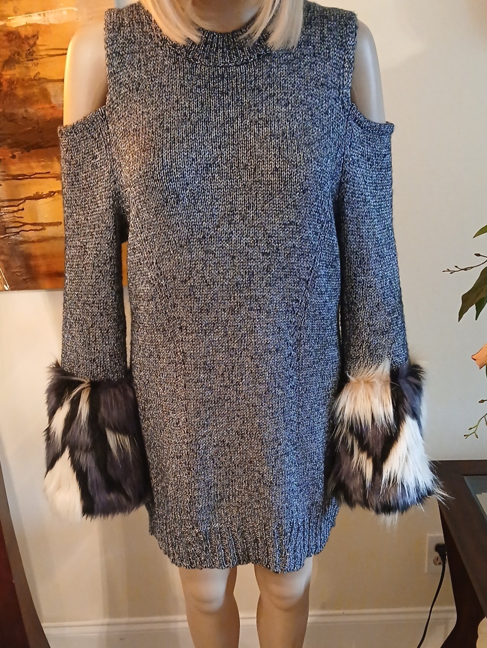 Boston Proper Gray Cold-Shoulder Sweater with Faux-Fur Cuffs, Size L.